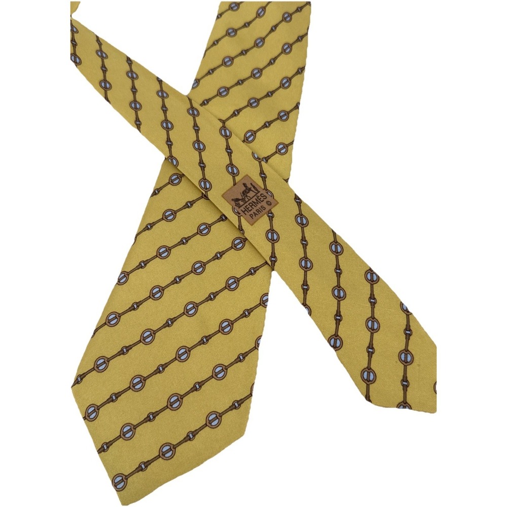 Hermes 100% Silk Tie Equestrian Riding Horse Vintage Yellow Luxury 7061 TA